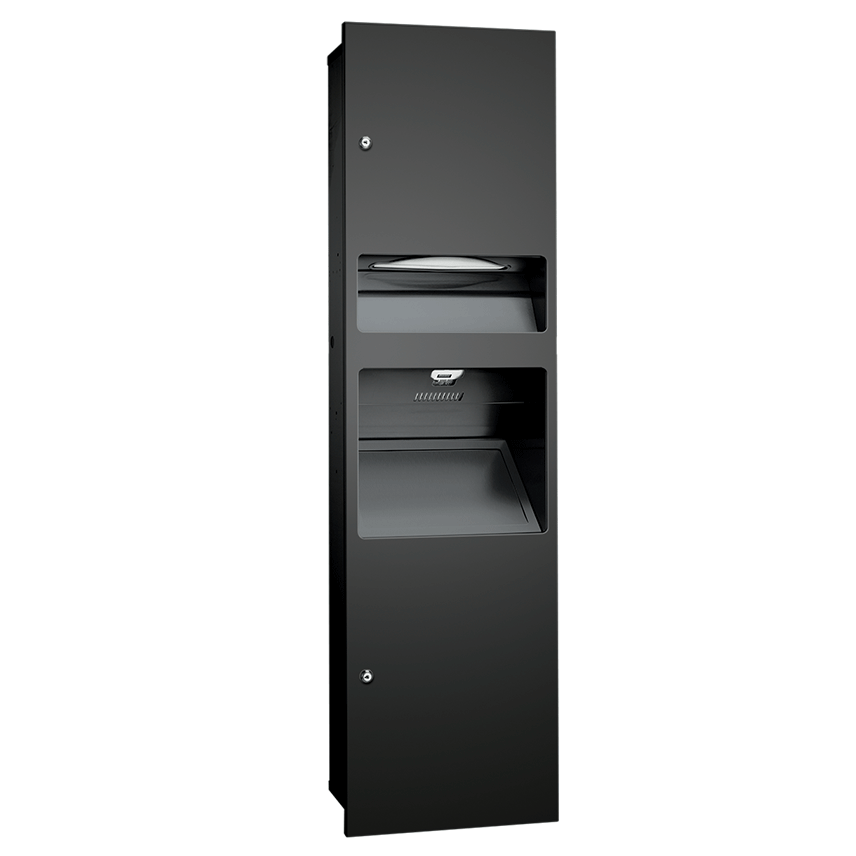 SIMPLICITY™ IN MATTE BLACK 3-IN-1 CABINET – PAPER TOWEL DISPENSER, WASTE RECEPTACLE, & HIGH-SPEED HAND DRYER – RECESSED